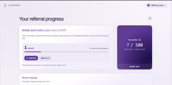 A webpage screenshot showing a 'JUMPER' referral progress dashboard with the username '@DnaLochan', indicating '1 Joined' and a target position of '500'.