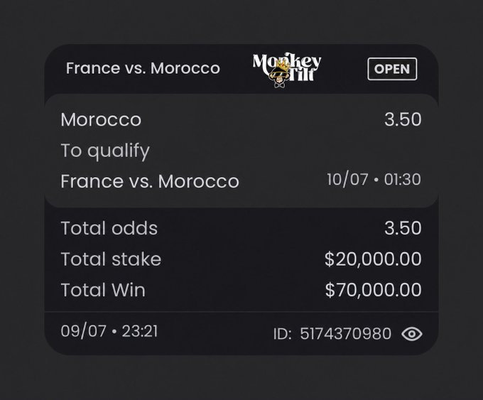 The image shows a betting slip from MonkeyTilt for a France vs. Morocco match, with a $20,000 stake on Morocco to qualify at 3.50 odds, yielding a potential $70,000 win on a bet placed at 10/07 01:30. This relates to the post by @senortilt, who appears to be showcasing a successful or pending high-stakes wager on Morocco, promising to tip $100 to three people if Morocco wins.