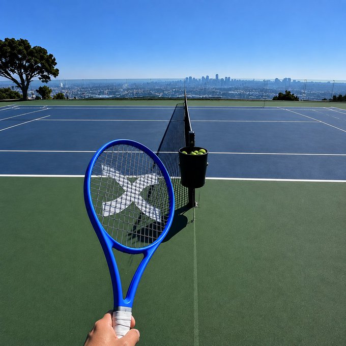 A hand holds a blue Diadora tennis racket with the brand's logo visible on the strings, ready on an elevated court overlooking a city skyline and ocean, complementing the post's invitation for a 1v1 tennis match with a 100 USDT prize.
