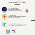 The image features a screenshot of a website with various types of icons representing different apps or services. The main focus of the image appears to be the "UNEMPLOYED" message displayed at the top, encouraging users to try these apps as solutions for their job-seeking process or career development challenges. The text in the image reads: "We're trying them?" and "When you drop something good but algo is pure shit we need justice cuz i can't post slop things". This message likely encourages users to actively engage with the provided apps, providing helpful tips on how to apply for jobs or navigate career search platforms.