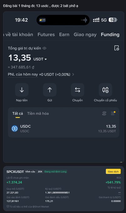 The image shows a Binance Futures trading interface with a total estimated account value of 13.35 USDT, alongside an active 20X long position on SPCXUSDT showing a profit of +7,374.24 USDT (approximately 541.79% ROI) with a margin of 1,361.08999999851 USDT and a position size of 27,221.83 USDT, illustrating the impressive gains highlighted in the post.
