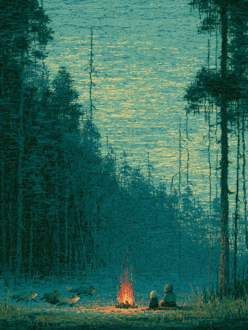 A pixel art-style illustration of two figures sitting by a campfire surrounded by tall pine trees, with a warm yellow-orange sky visible through the forest canopy.