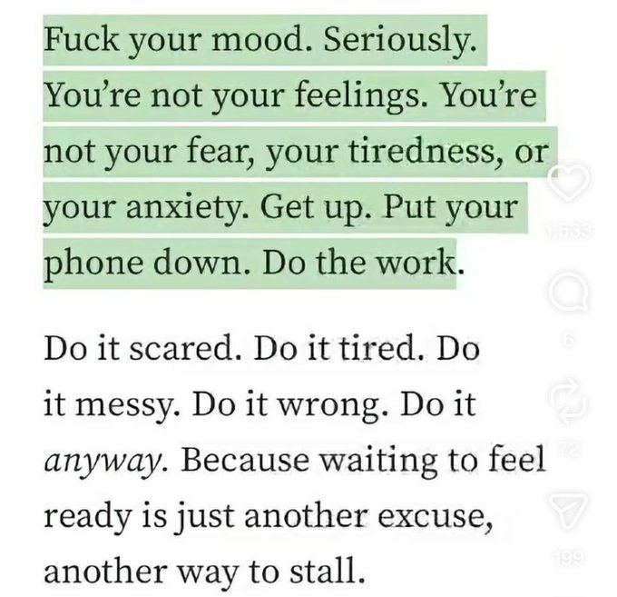 A motivational text post reads: 'Fuck your mood. Seriously. You're not your feelings. You're not your fear, your tiredness, or your anxiety. Get up. Put your phone down. Do the work. Do it scared. Do it tired. Do it messy. Do it wrong. Do it anyway. Because waiting to feel ready is just another excuse, another way to stall.'