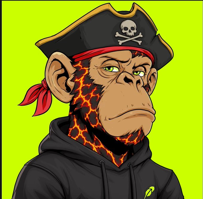 A cartoonish illustration of a chimpanzee with glowing lava-like patterns on its face and neck, wearing a black pirate hat with a skull and crossbones, a red bandana, and a black hoodie against a bright green background.