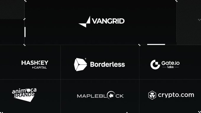 A black graphic displaying logos of various companies and investors, including 'VANGRID' at the top, and 'HASHKEY CAPITAL', 'Borderless', 'Gate.io Labs', 'ANIMOCA BRANDS', 'MAPLEBLOCK', and 'crypto.com' below.