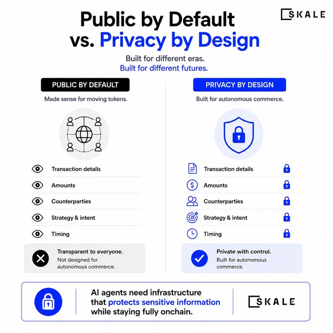 A SKALE infographic titled 'Public by Default vs. Privacy by Design' contrasts transparent blockchain transactions with privacy-focused ones for AI agents, with lock icons indicating protected details.
