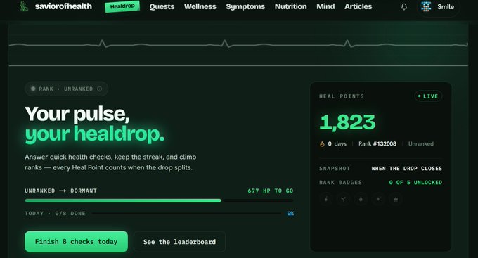 A screenshot of a web application called 'savior of health', showing a 'healdrop' dashboard titled 'Your pulse, your healdrop.' with a score of '1,823 HEAL POINTS' and a rank of 'Unranked'.