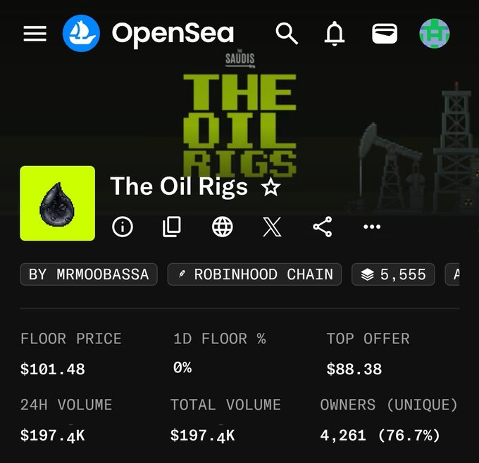 The image shows the OpenSea listing for "The Oil Rigs" NFT collection (MRMOOBASSA) on the Robinhood Chain with a floor price of $101.48, top offer of $88.38, 5,555 total supply, and 4,261 unique owners (76.7%). This aligns with the post celebrating the $17-$101 price gain and crediting @LSCabal_ for the whitelist spot.