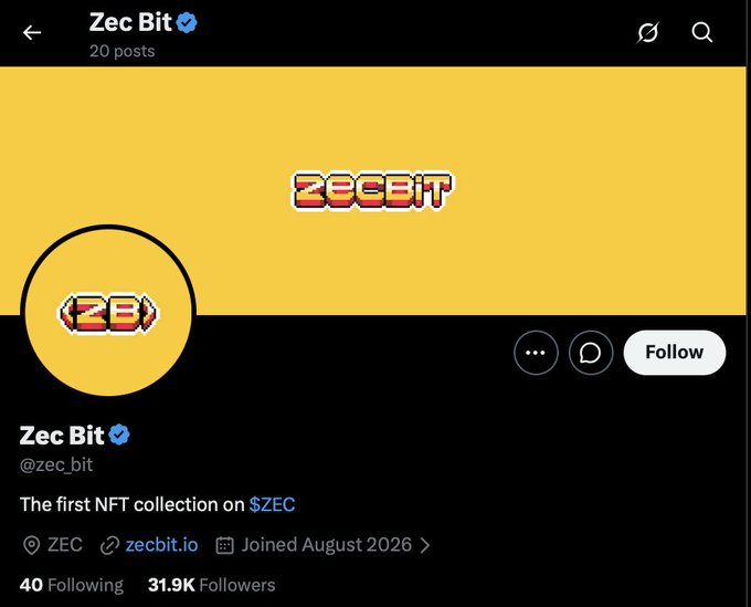 A Twitter/X profile for Zec Bit (@zec_bit), described as "The first NFT collection on $ZEC," featuring 31.9K followers and a yellow pixel-art banner.