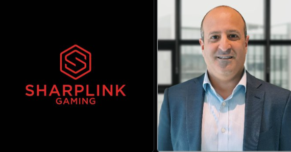 A promotional-style image shows the SharpLink Gaming logo (a stylized "S" hexagon with the text "SHARPLINK GAMING") on a black background alongside a photo of a smiling bald man in a blue suit jacket and light blue shirt, identified as Joseph Chalom, SharpLink CEO.