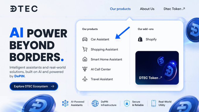 A screenshot of the DTEC website displaying 'AI POWER BEYOND BORDERS' with a dropdown menu showing products like Car Assistant, Shopping Assistant, Smart Home Assistant, AI Call Center, and Travel Assistant, along with Shopify add-on and DTEC Token options.