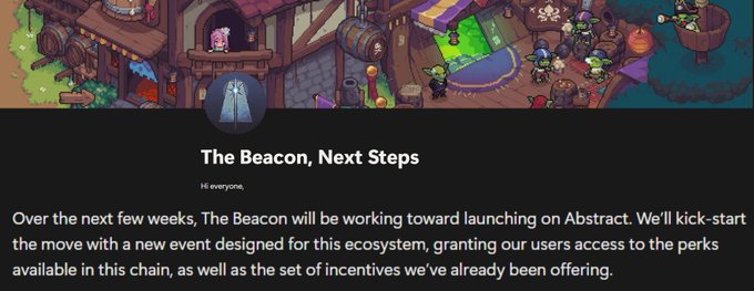 A screenshot titled 'The Beacon, Next Steps' announcing that 'Over the next few weeks, The Beacon will be working toward launching on Abstract,' accompanied by a pixel art scene of characters in a tavern.