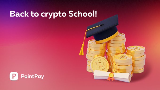 A promotional graphic reading 'Back to crypto School!' by PointPay, featuring stacks of Bitcoin coins topped with a graduation cap and diploma.