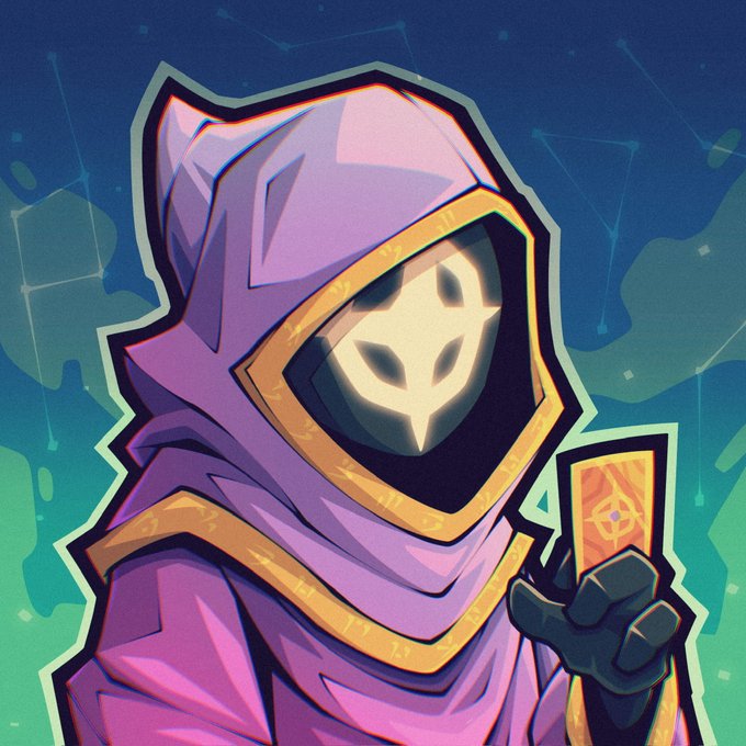 A digital illustration of a hooded figure wearing a glowing golden mask with multiple eye holes, holding a glowing card against a dark blue background.
