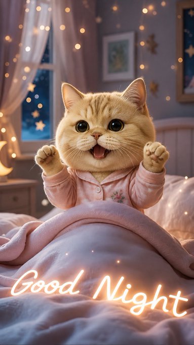 An adorable ginger kitten wearing pink pajamas yawns and stretches while nestled under cozy blankets in a softly lit bedroom, with glowing "Good Night" text in the foreground—perfectly capturing the sleepy, cuddly "Good Night Fren" vibe of the $CATE memecoin post.