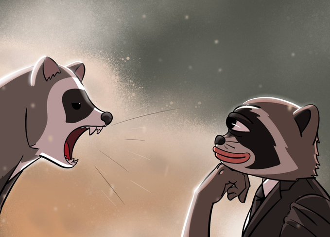Two cartoon raccoons face off—one snarling aggressively on the left while another calmly puffs a cigar in a suit on the right, visually representing the humorous crypto prediction that the newer token $RAKO will overtake the established $Jimothy.