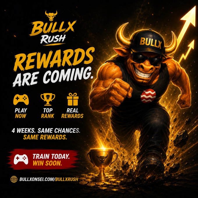 A promotional banner for 'BullX Rush' featuring a muscular bull mascot with a horned helmet, advertising 'REWARDS ARE COMING' over 4 weeks at BULLXONSEL.COM/BULLXRUSH.