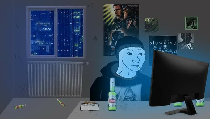 An illustration depicts a 'Wojak' or 'Doomer' character with a blue-tinted face smoking at a computer desk at night, with a Halflife 2 poster, a Slowdive album cover, a bottle, and a joint visible in the room.