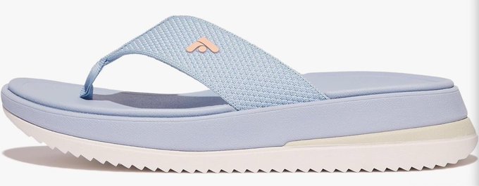 A light blue thong-style flip flop sandal with a small logo on the strap and a white textured sole is shown, which appears unrelated to the giveaway winner announcement featuring verification codes and crypto payment instructions.