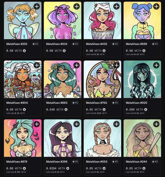 The image features a collection of twelve different cartoon girl portraits displayed side by side. Each portrait showcases unique styles and colors, making them visually appealing and diverse. The text accompanying each portrait provides information about the artist or the type of character depicted, such as "Metaxion" for the first one, "VIXEN FLOOR SPOTLIGHT" for the second, and so on. This collection offers a variety of options to choose from, catering to different preferences in terms of style, color, and character type.