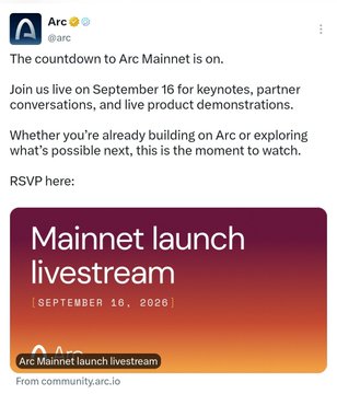 The image shows an official announcement from @arc on Twitter/X promoting their "Mainnet launch livestream" scheduled for September 16, 2026, featuring a colorful gradient graphic with the event title and date. The post invites viewers to join keynotes, partner conversations, and live product demonstrations, aligning with the accompanying text about Arc's public mainnet launch and registration being open at community.arc.io.