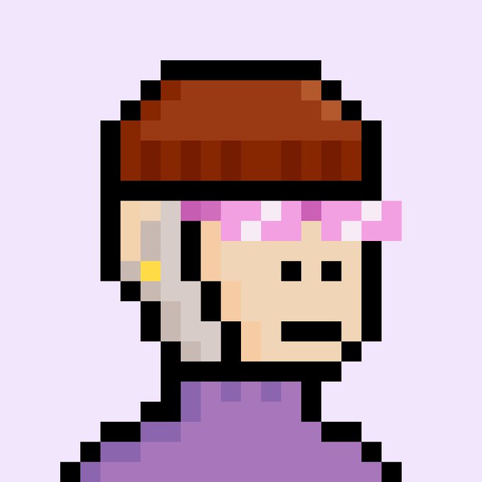 A pixel art portrait of a character with a brown cap, pink and white headband, and purple clothing against a light purple background.