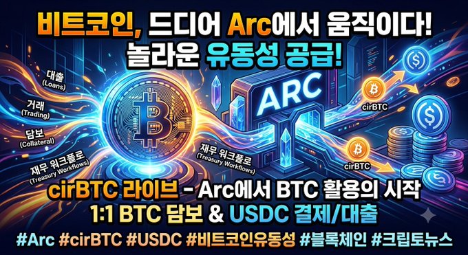 A Korean-language promotional graphic for cirBTC Live on the Arc blockchain, featuring Bitcoin imagery and text about 1:1 BTC collateral and USDC lending with hashtags #Arc #cirBTC #USDC #비트코인유통성 #블록체인 #크립토뉴스.