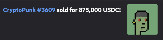 A notification graphic reading 'CryptoPunk #3609 sold for 875,000 USDC!' next to the corresponding pixel-art NFT character.