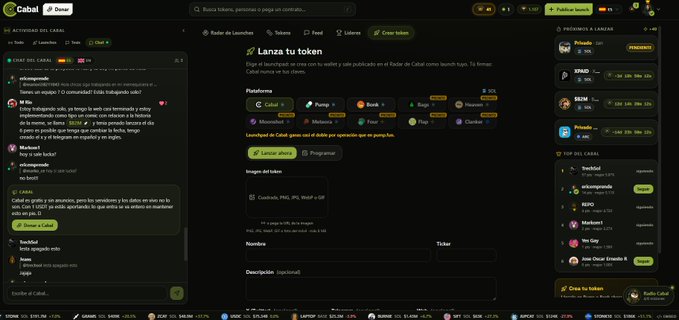A screenshot of the Cabal crypto token launch platform on a dark theme, showing the token creation page with 'Cabal' selected as the platform, 'Launch photo' and 'Programar' buttons, and market data for other tokens.