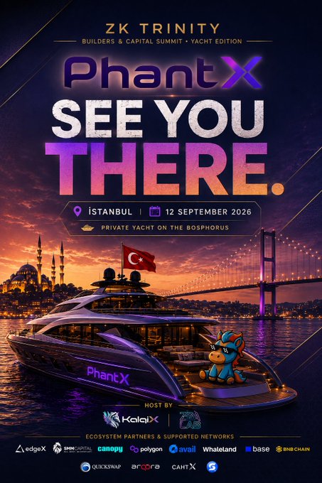 A promotional poster for ZK Trinity's Builders & Capital Summit Yacht Edition 3, hosted by PhantX and KalaiX, advertising an invite-only event on 12 September 2026 aboard a private yacht on the Bosphorus in Istanbul. The poster features a luxury yacht with a Turkish flag against a sunset skyline of Istanbul's Bosphorus Bridge and mosques, with ecosystem partners including EdgeX, Sine Capital, Canopy, Polygon, Avail, Whetland, Base, BNB Chain, Quickswap, Arcana, and CAHTX listed at the bottom.