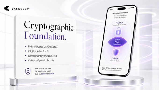 The image is a side-by-side comparison of a smartphone displaying information about Cryptographic Foundation along with an overlay of the phone's screen. The background reveals a modern-looking room with two purple circles. A sign above the phone reads "Cryptographic Foundation.", while below it, another message encourages users to focus on what lies in the image, which might provide insights into the app or device itself.