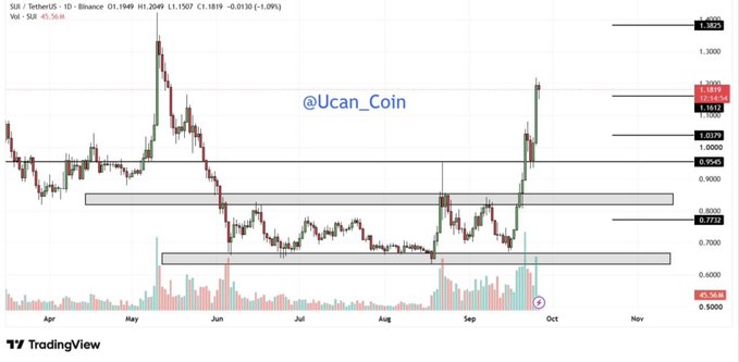 A TradingView candlestick chart of SUI/USD on Binance shows the price breaking above key resistance levels around $0.95 and surging toward $1.16, with horizontal targets marked at $1.03 and $1.38, visually confirming the analyst's successful price predictions mentioned in the post.