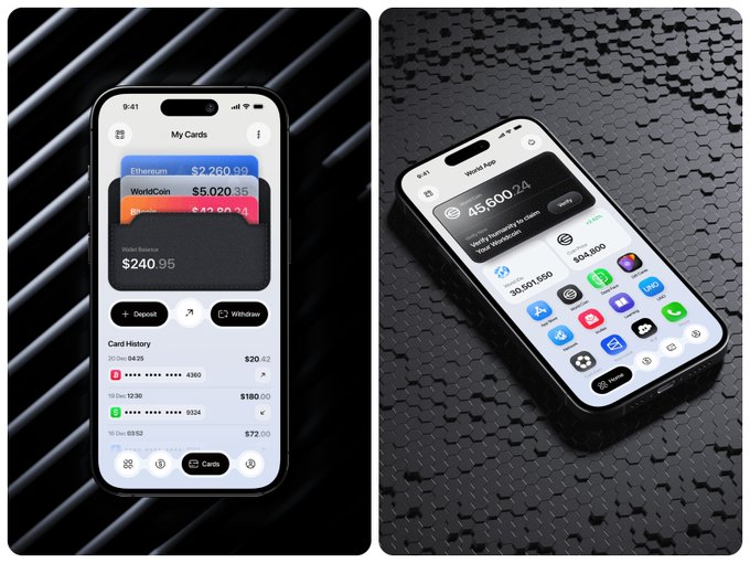 Two iPhone mockups displaying cryptocurrency wallet apps on dark textured backgrounds, featuring Ethereum ($2,260.59), WorldCoin ($5,020.35), and a home screen with a balance of $45,600.24 alongside various app icons.