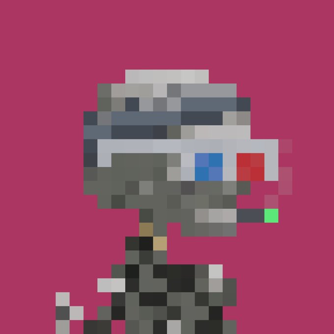 A pixelated illustration of a character with a grey helmet and visor against a solid pink/magenta background.