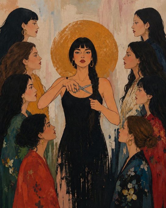 A painted artwork shows a central woman in a black dress cutting her long braid with scissors, surrounded by a halo and other women in colorful floral clothing.