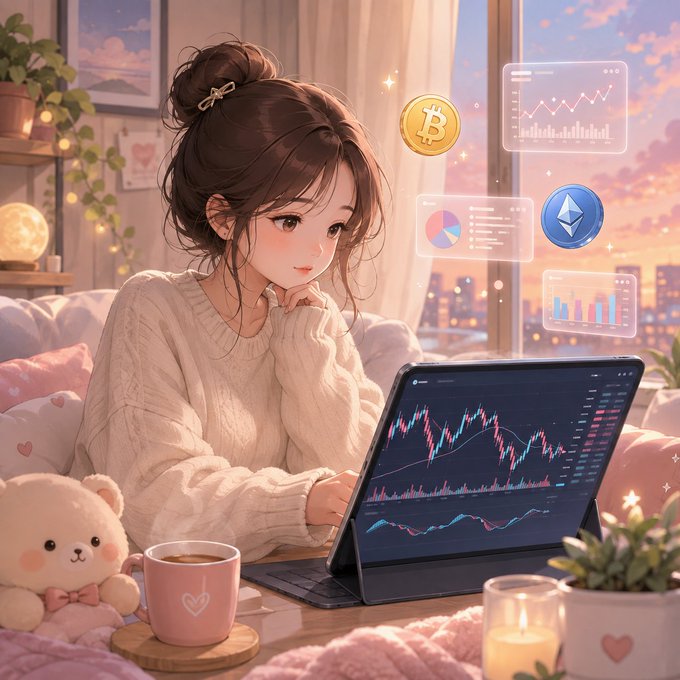 An anime-style illustration of a young woman in a cozy sweater looking at cryptocurrency trading charts on a tablet, with floating Bitcoin ($) and Ethereum (Ξ) coins and data dashboards.