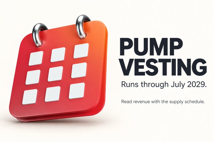 A red 3D calendar icon next to text reading 'PUMP VESTING Runs through July 2029. Read revenue with the supply schedule.'