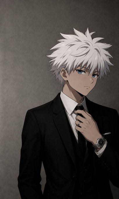 An anime-style illustration of a young man with spiky white hair and blue eyes, wearing a black suit and adjusting his tie while displaying a wristwatch.