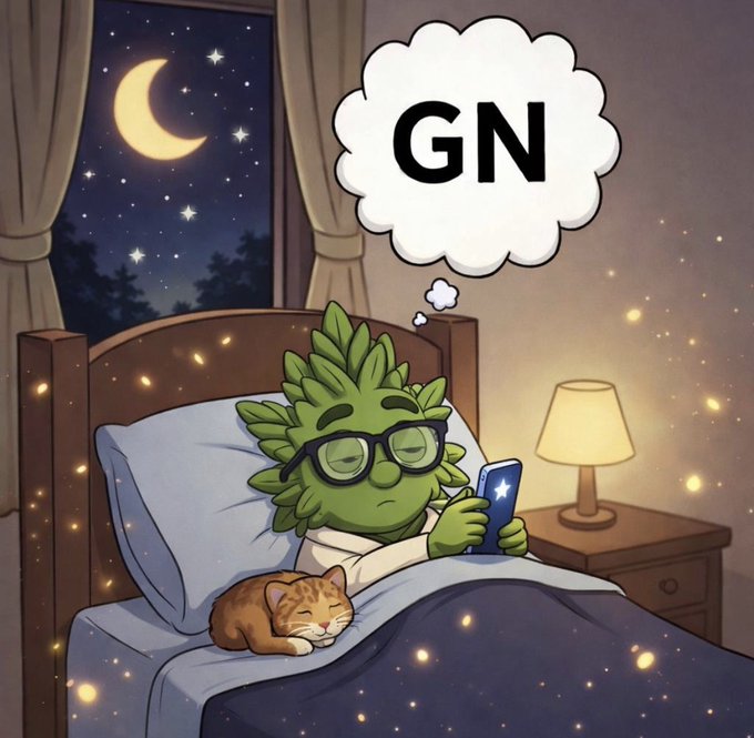 An illustration of a green plant-like character wearing glasses lying in bed, looking at a phone, with a sleeping orange cat beside them and a thought bubble containing the letters 'GN'.