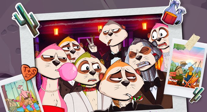 A colorful illustration of an animated sloth family dressed in formal attire at a nighttime party, displayed as a Polaroid photo surrounded by cactus stickers and other small pictures.