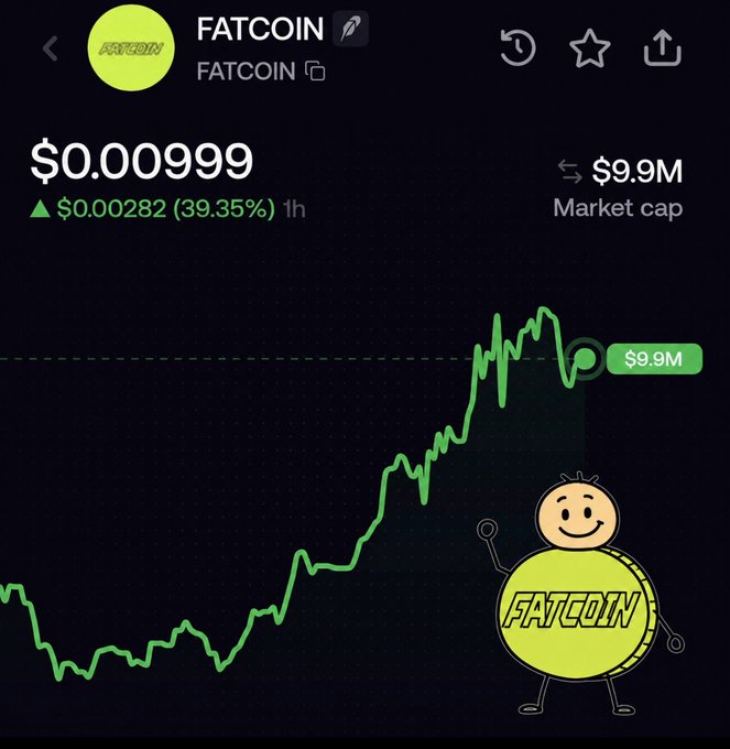 The image shows a cryptocurrency price chart for "FATCOIN" trading at $0.000999 with a 39.35% increase in the last hour, reaching a $9.9M market cap, humorously illustrated with a rotund cartoon mascot that visually reinforces the post's joke about FATCOIN's "BMI" being responsible for its strong performance.