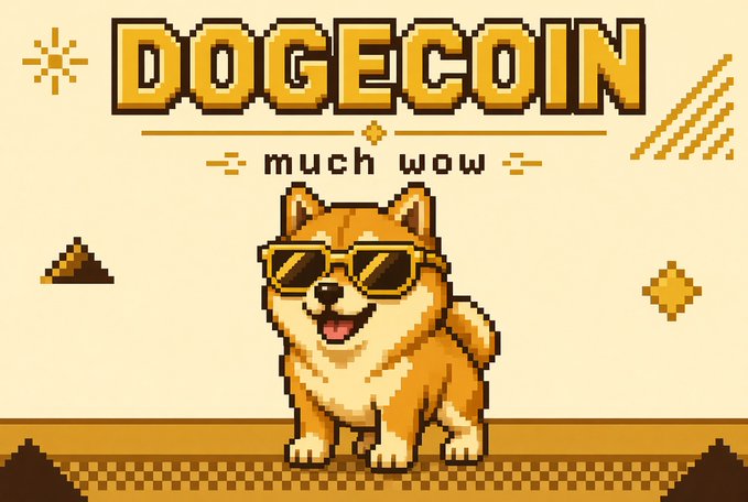 A pixel art style graphic featuring a Shiba Inu dog wearing sunglasses with the text "DOGECOIN" at the top and "much wow" below it.