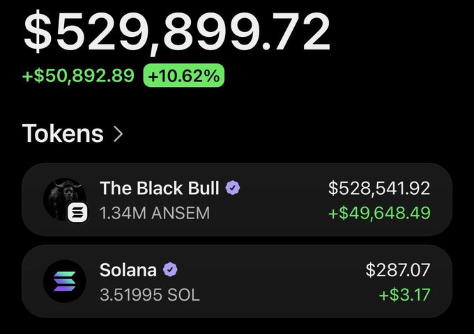 A crypto portfolio screenshot showing a total balance of $529,899.72, up $50,892.89 (+10.62%), with holdings in "The Black Bull" (1.34M $ANSEM, valued at $528,541.92) and Solana (3.51995 SOL, valued at $287.07). The image illustrates the poster's claim of being up roughly half a million dollars on $ANSEM, which they're celebrating by offering to airdrop tokens to followers who comment their Solana addresses.