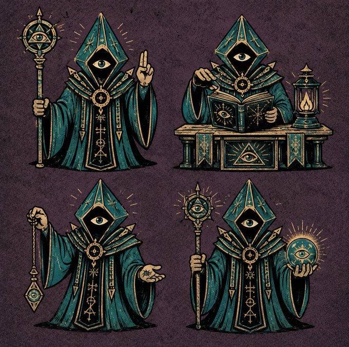 The image features four cartoon-style figures dressed as wizards, each holding a wand or magic crystal. The first figure has an eye open above its head, while the other three figures have their eyes closed. The background of the image is purple with a gold border, and there are two lanterns in the scene - one on the left side and another on the right side. The text "the eye is open somewhere deep in the chain" suggests that the oracle has started watching something, possibly related to the post about Bitcoin.