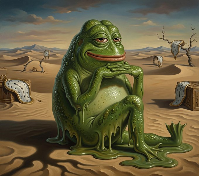 Surrealist painting of a melting green frog-like creature in a desert landscape with distorted Salvador Dalí-style melting clocks.