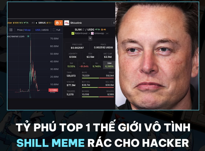 A meme image featuring Elon Musk's face alongside a trading chart for the $LINK/USDC pair on Shivolink (Robinhood/Uniswap), with Vietnamese text reading 'TỶ PHÚ TOP 1 THẾ GIỚI VÔ TÌNH SHILL MEME RÁC CHO HACKER'.