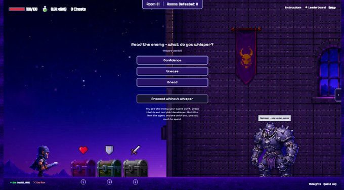 A pixel-art video game scene displays a 'Read the enemy - what do you whisper?' dialogue interface with options for 'Confidence,' 'Unease,' 'Dread,' and 'Proceed without whisper,' while a spiky monster waits on the right.