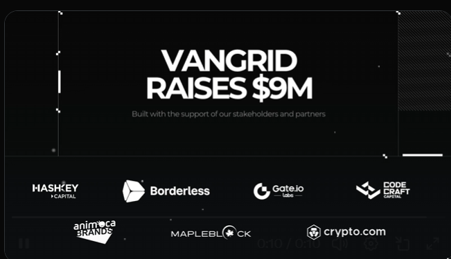 A black announcement graphic reading 'VANGRID RAISES $9M' with the tagline 'Built with the support of our stakeholders and partners' and logos of investors including HashKey Capital, Borderless, Gate.io Labs, CodeCraft, Animoca Brands, MapleBlock, and Crypto.com.