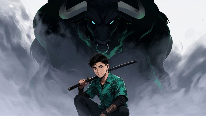 An anime-style illustration of a young man in a green shirt holding a katana, with a large menacing bull demon looming in the smoky background behind him.