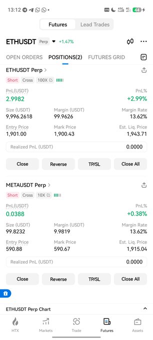 A mobile trading app screenshot showing futures positions for ETHUSDT Perp (PnL 2.9982) and METAUSDT Perp (PnL 0.0388) with current prices of 1,900.43 and 590.67 respectively.